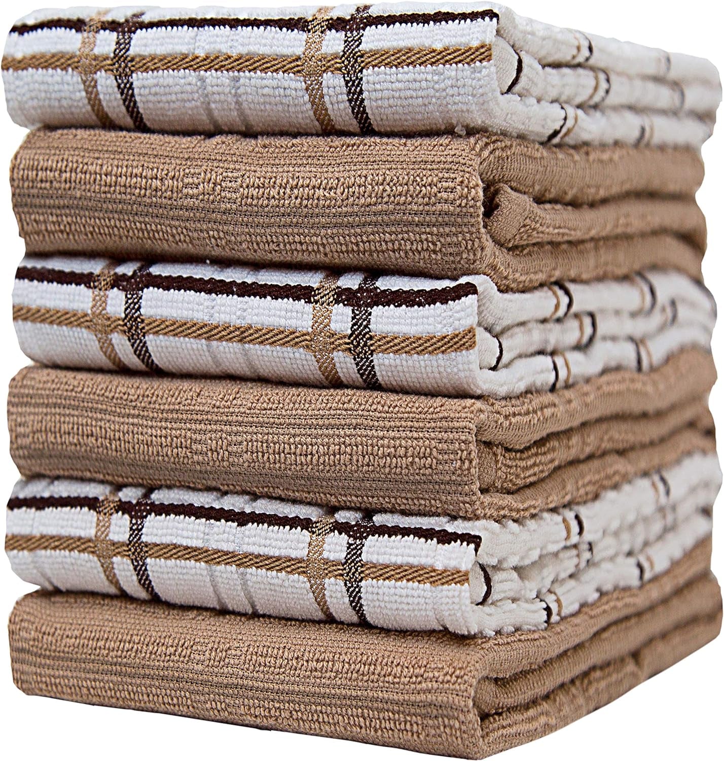 Dish Towel 16"X26" | Tan Windowpane Design | Kitchen Hand Towels, Large Tea Towel Set | Soft, Highly Absorbent | 400 GSM – 6 Pack