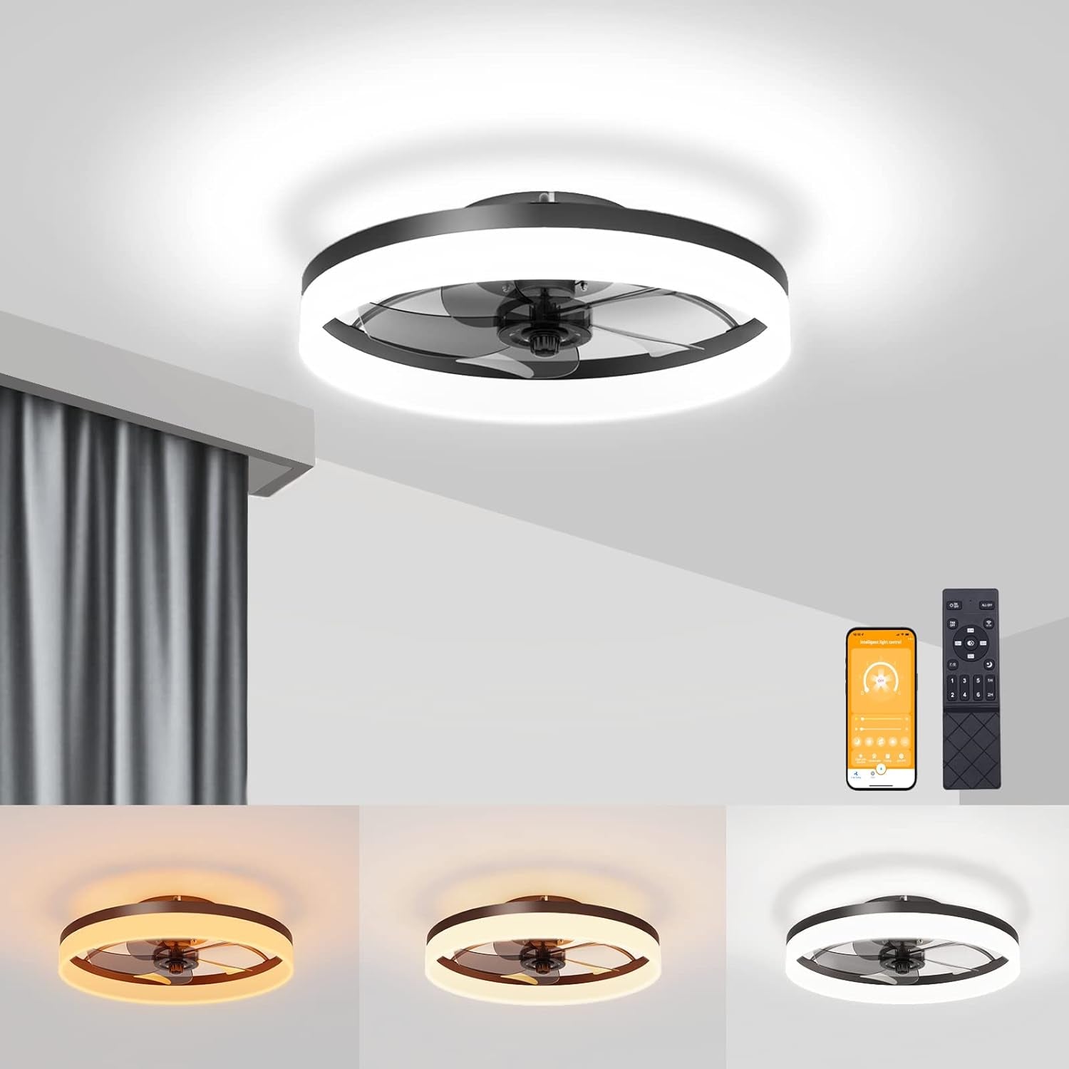 Low Profile Ceiling Fans with Lights and Remote, Fandelier Ceiling Fan Flush Mount 19.7Inch, 3000K-6500K Smart Bladeless LED Fan Light, Black Modern Ceiling Fans with Lights for Bedroom