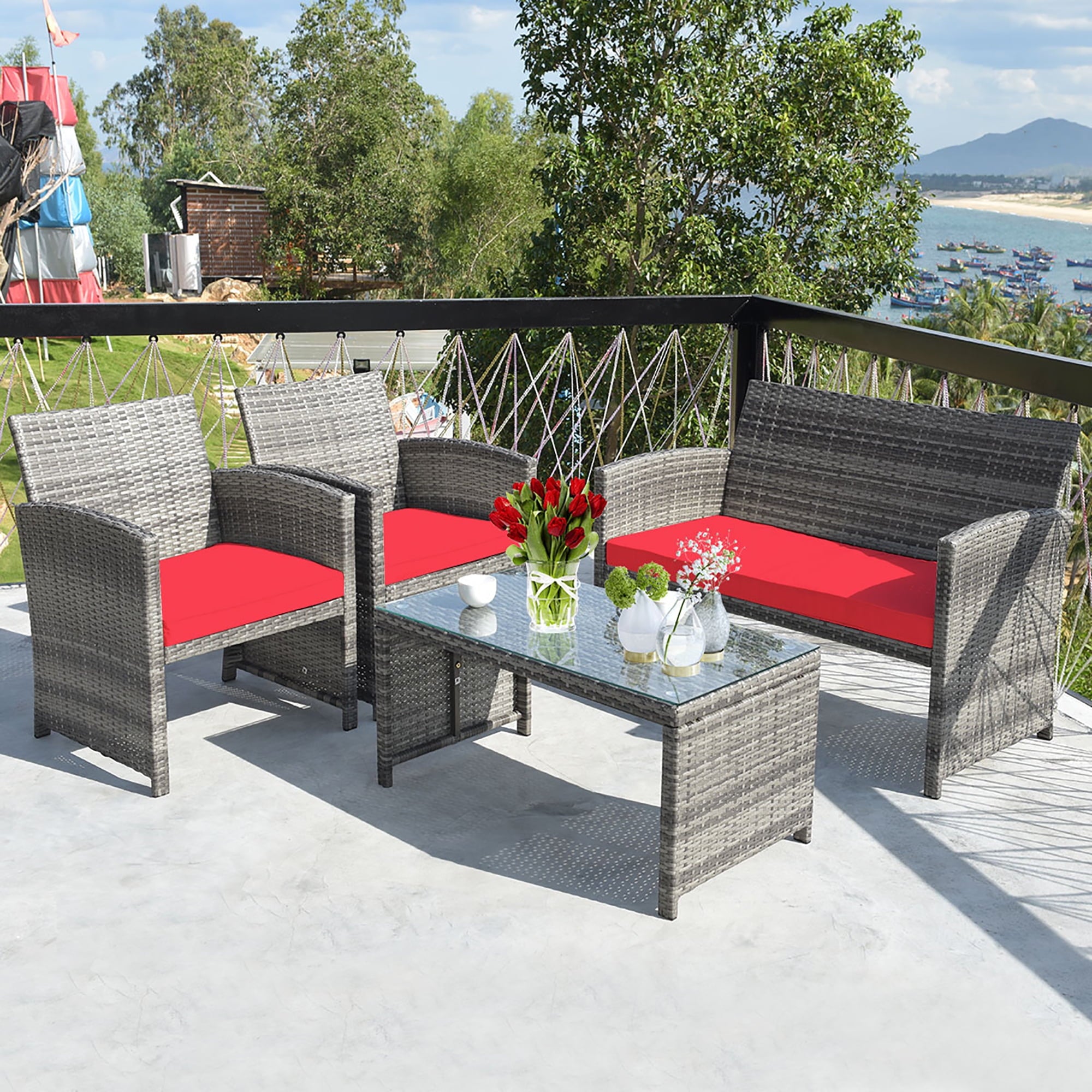 4PCS Patio Rattan Furniture Set Conversation Glass Table Top Cushioned Sofa Outdoor Turquoise