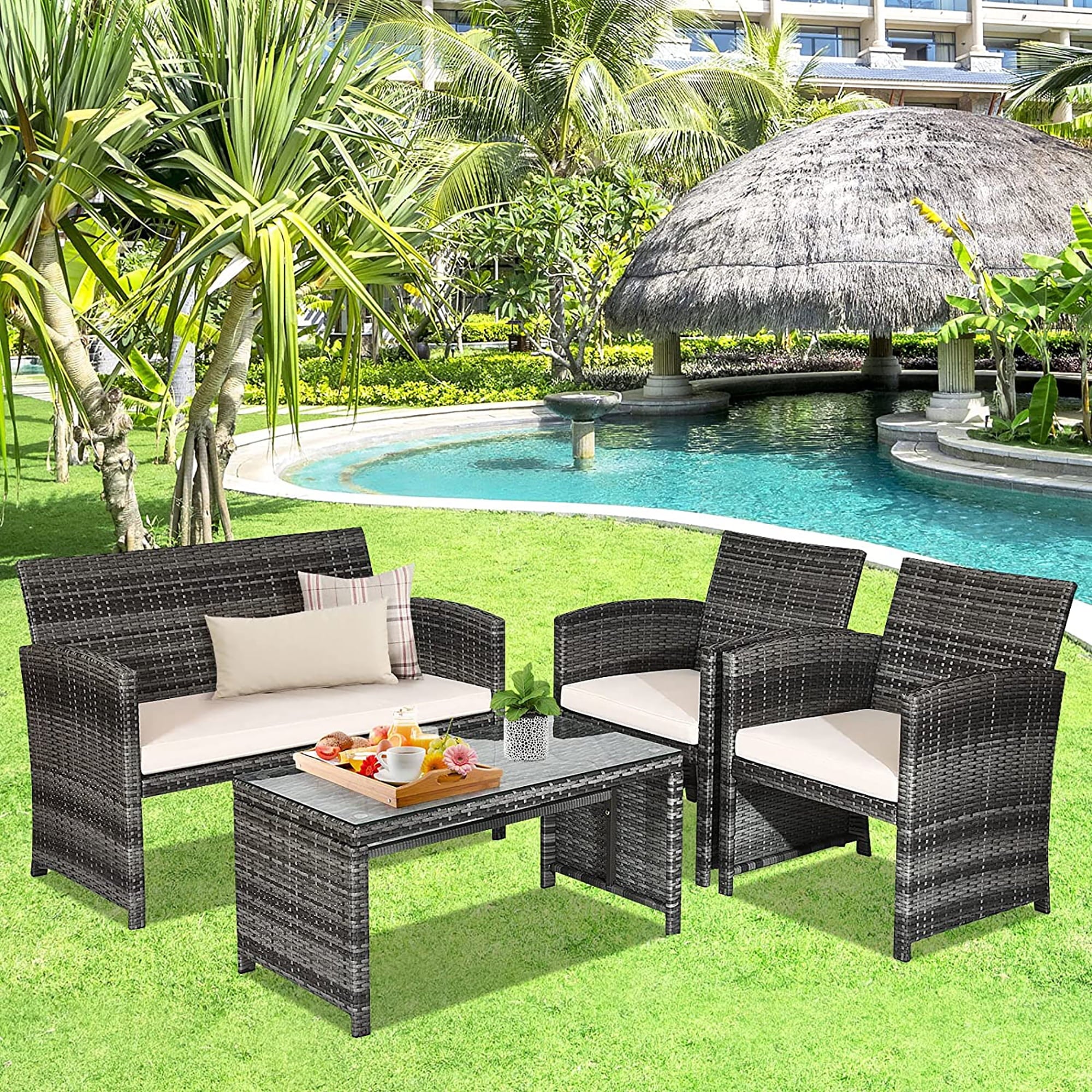 4PCS Patio Rattan Furniture Set Conversation Glass Table Top Cushioned Sofa Outdoor Turquoise