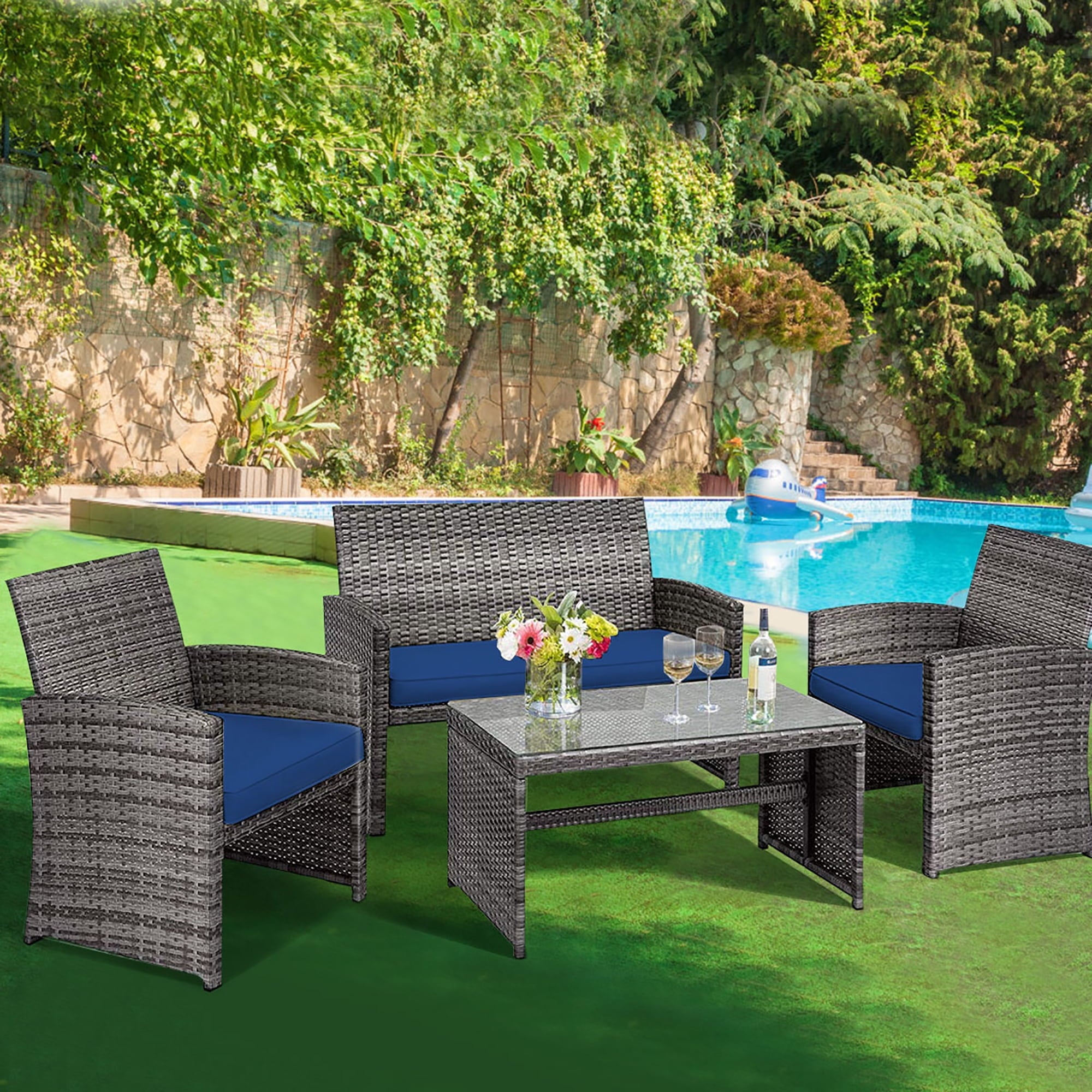 4PCS Patio Rattan Furniture Set Conversation Glass Table Top Cushioned Sofa Outdoor Turquoise