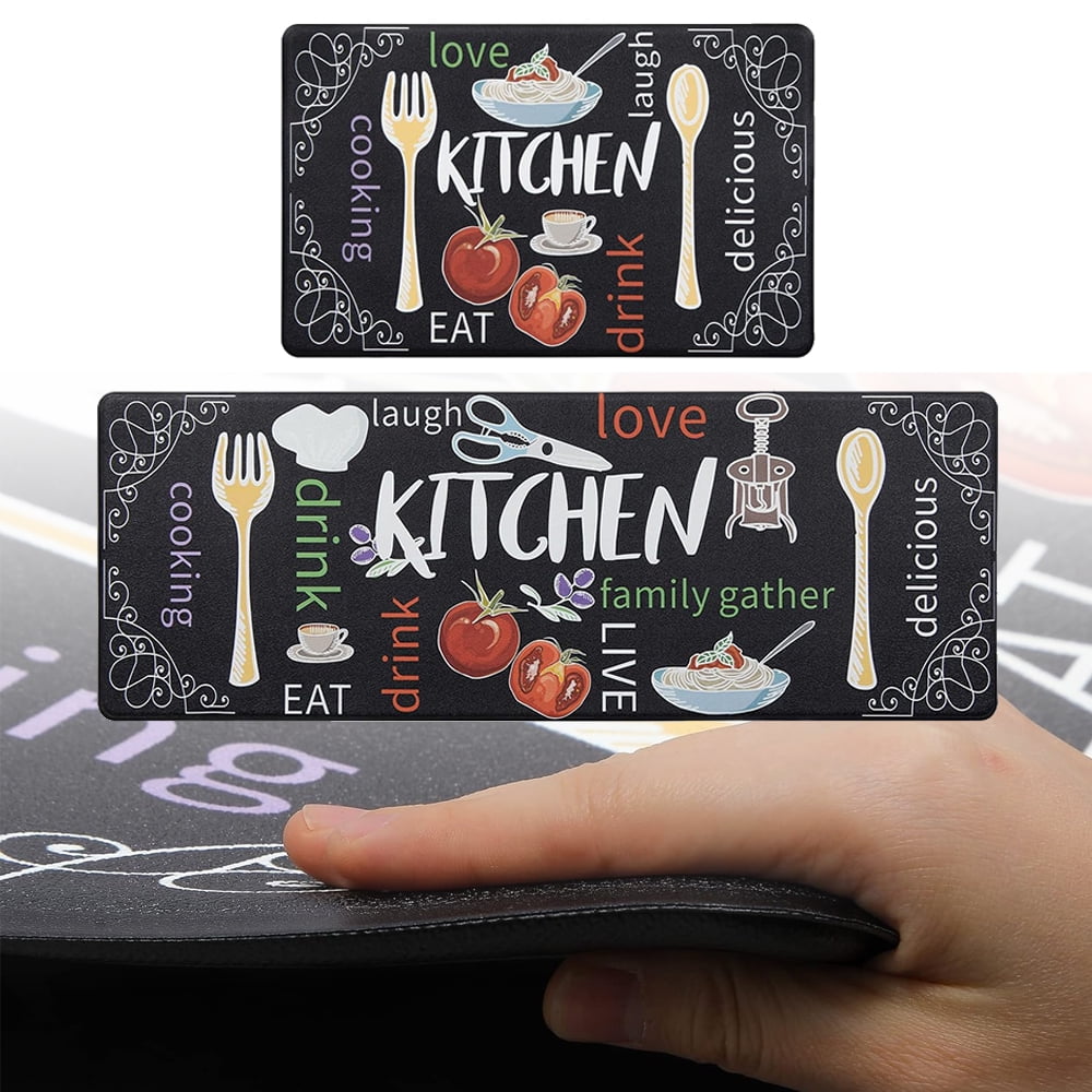 Kitchen Rug Mats Set of 2 Kitchen Waterproof Non-Slip 0.4" 17"X48"+17"X28" Black