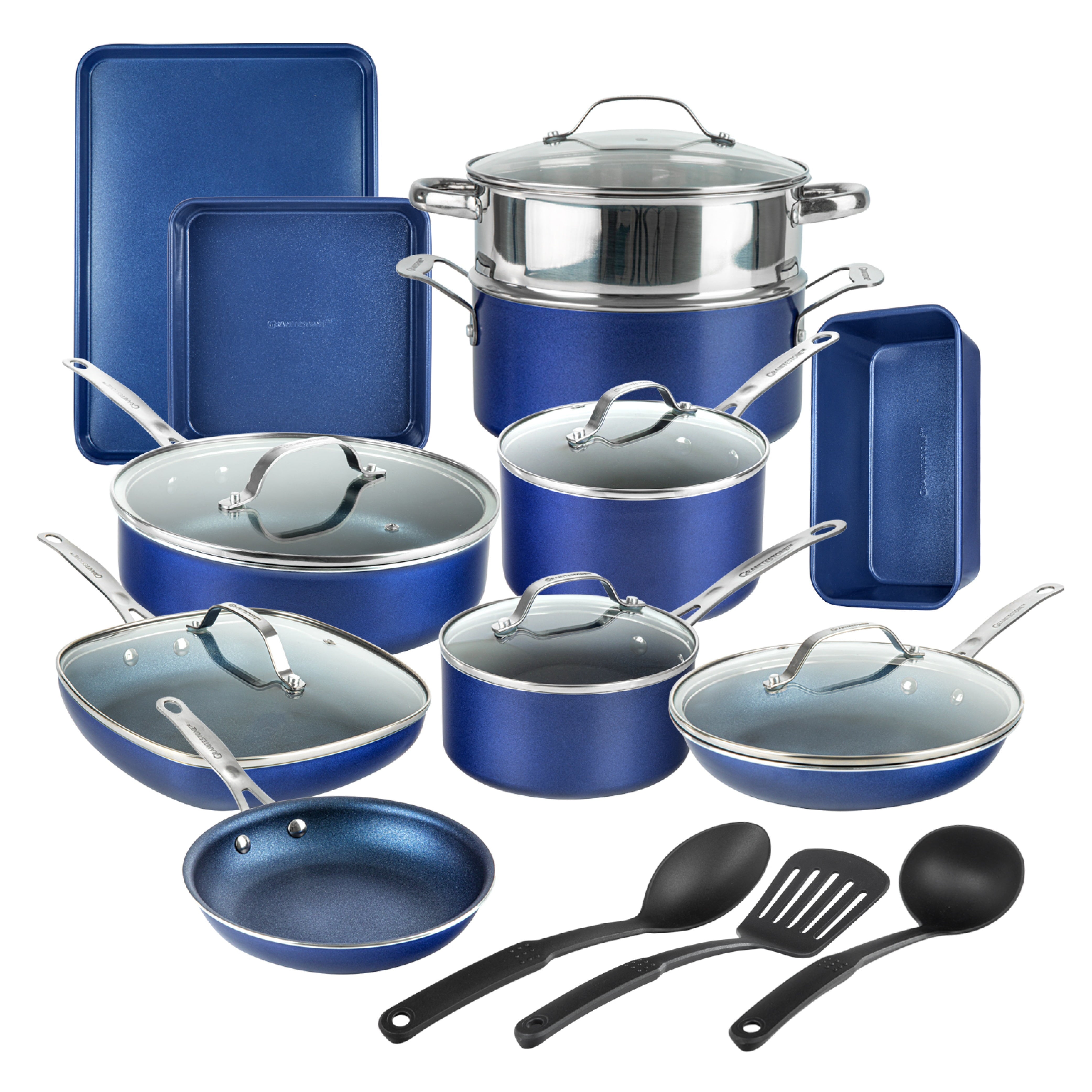 Pots and Pans Set 20 Piece Complete Cookware Bakeware Set Nonstick Dishwasher Oven Safe Blue