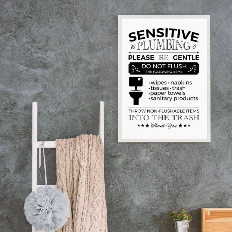 Sensitive Plumbing Flush Toilet Sign Canvas Art - Modern Bathroom Decor