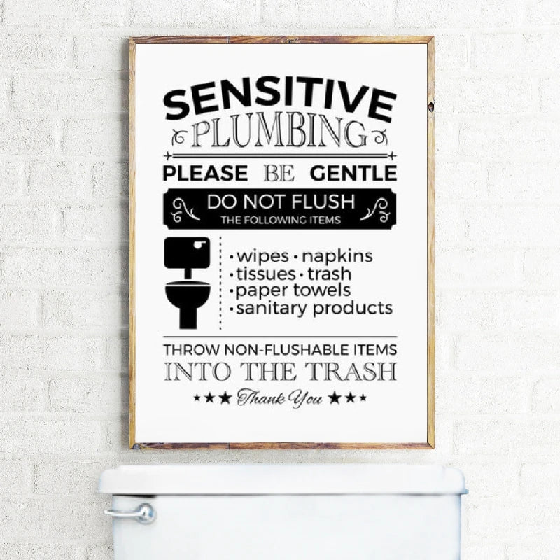 Sensitive Plumbing Flush Toilet Sign Canvas Art - Modern Bathroom Decor