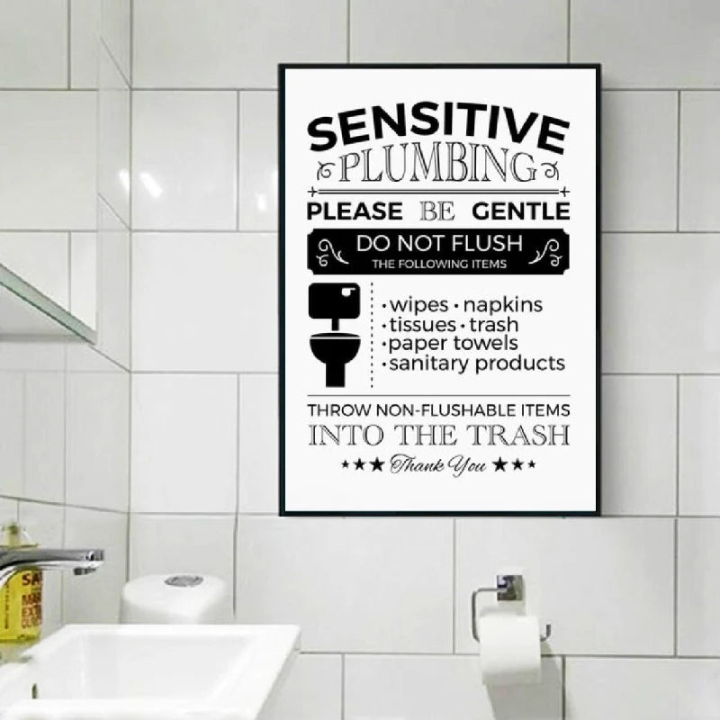 Sensitive Plumbing Flush Toilet Sign Canvas Art - Modern Bathroom Decor