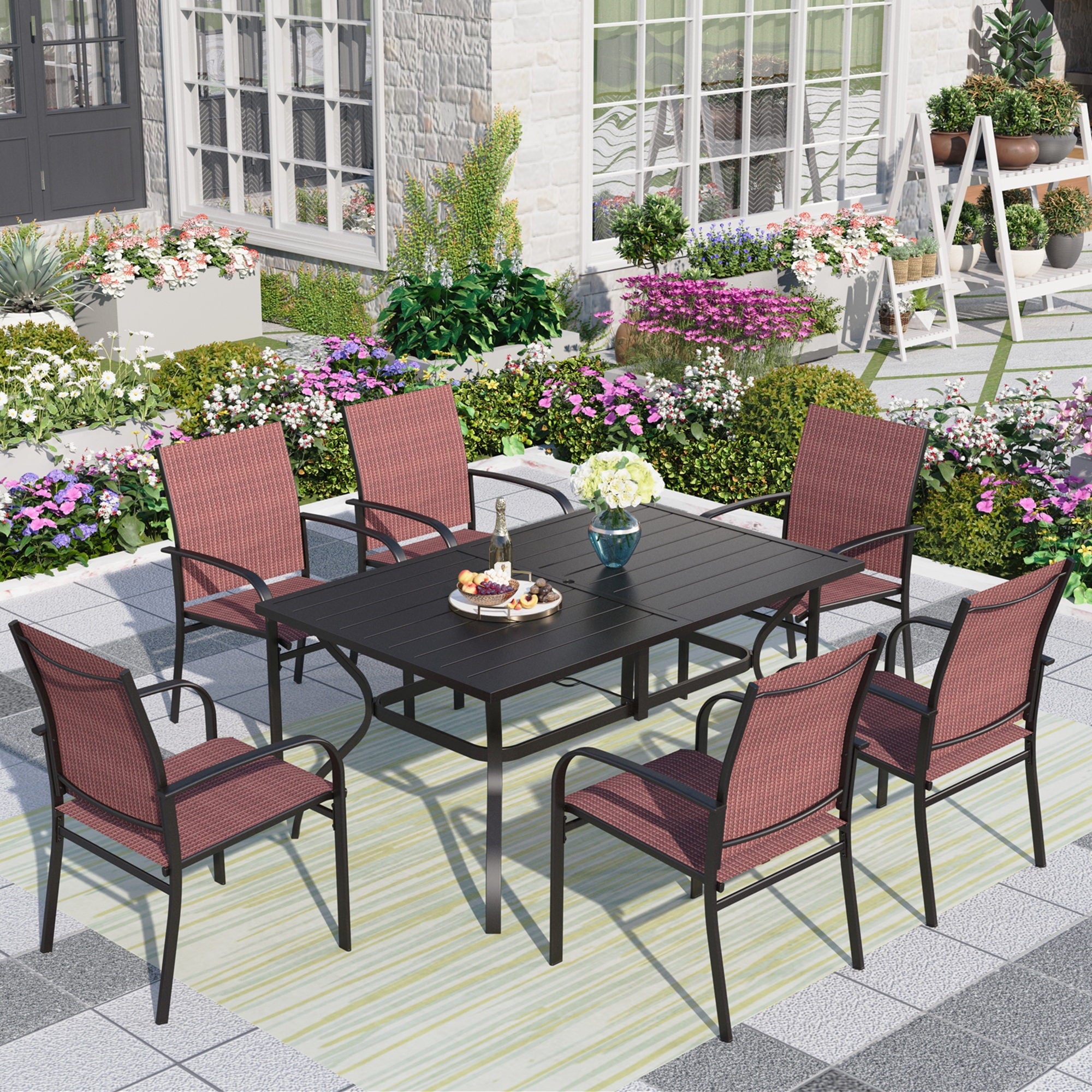 7-Piece Outdoor Patio Dining Set with Rectangle Steel Table & Textilene Chairs for 6-Person, Black&Brown