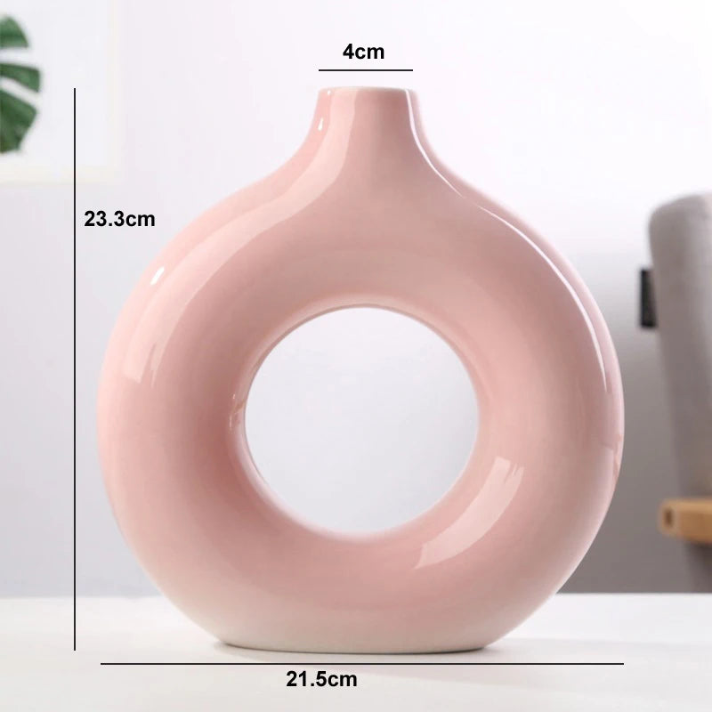 Circular Hollow Ceramic Vase - Minimalist Nordic Decor for Home and Office