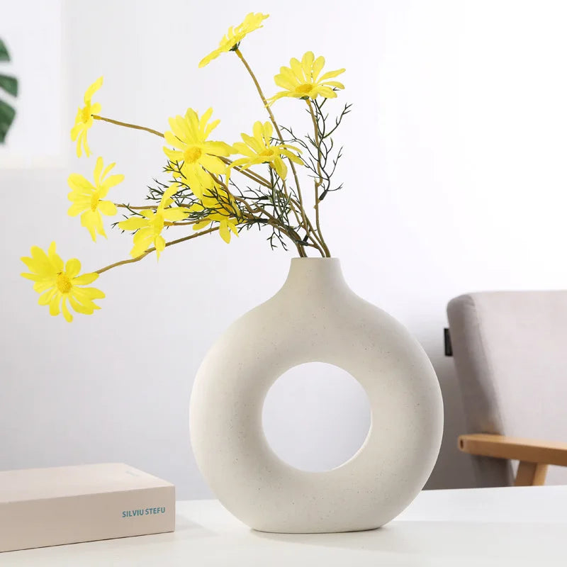 Circular Hollow Ceramic Vase - Minimalist Nordic Decor for Home and Office