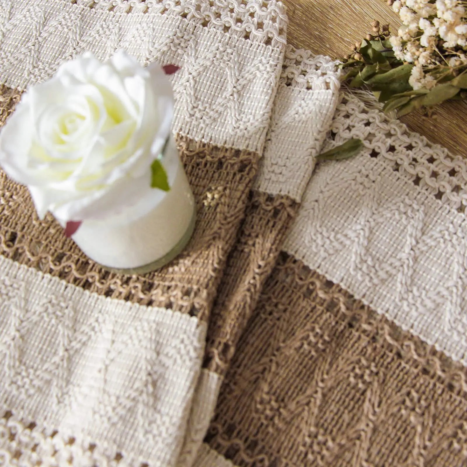 Boho Macrame Table Runner - Cream & Brown Farmhouse Decor with Tassels