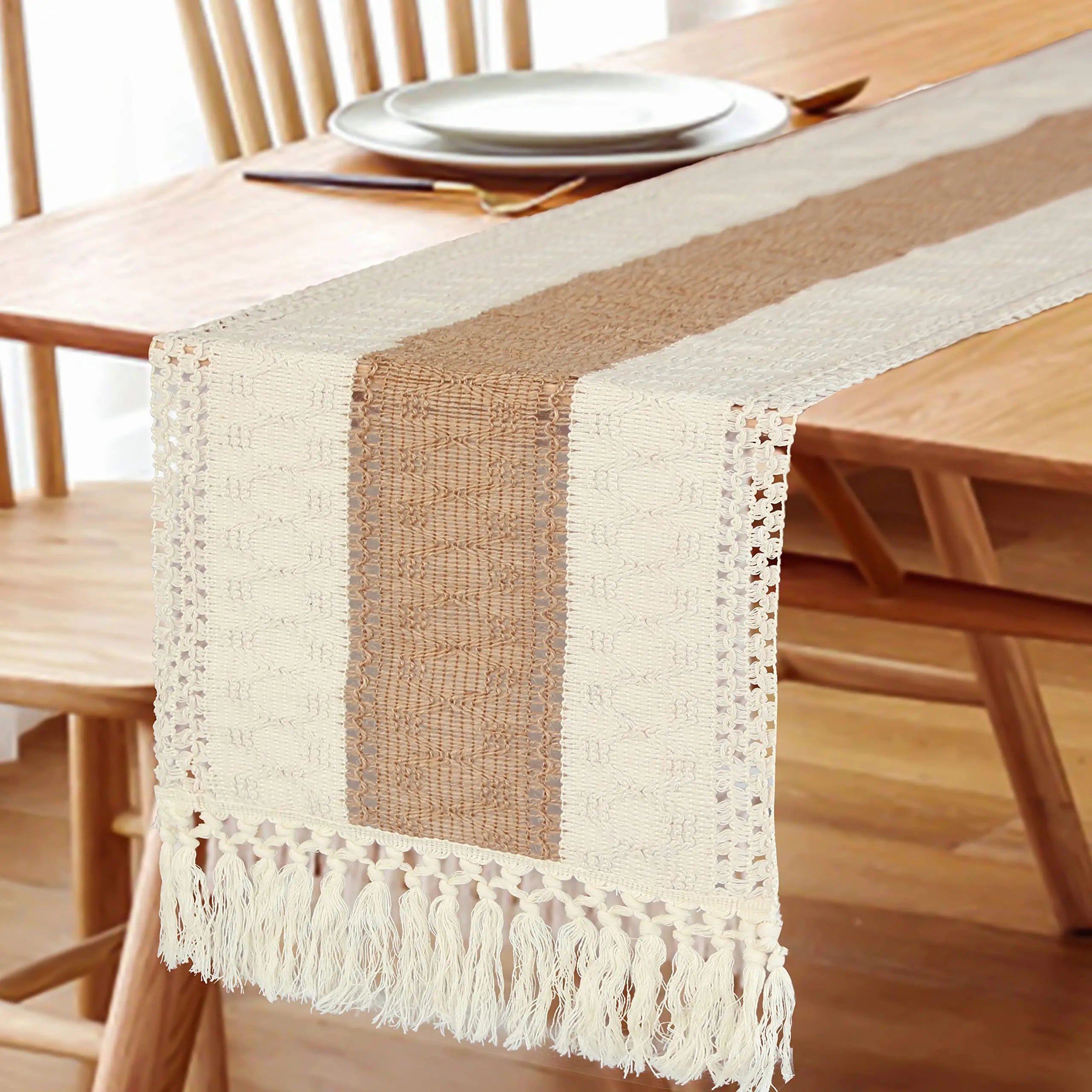 Boho Macrame Table Runner - Cream & Brown Farmhouse Decor with Tassels