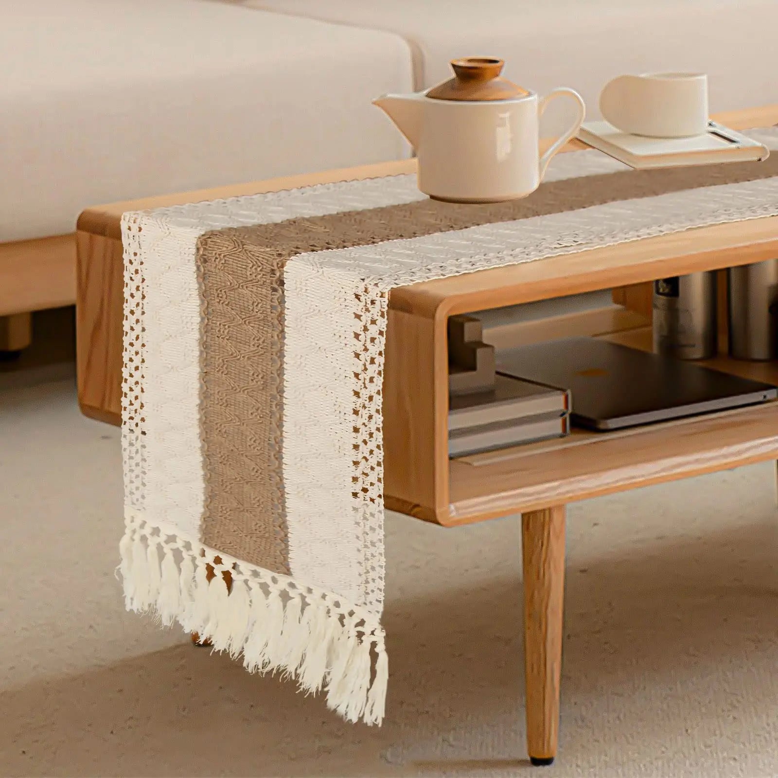 Boho Macrame Table Runner - Cream & Brown Farmhouse Decor with Tassels