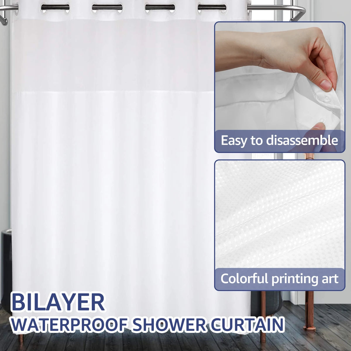 Modern Hook-Free Waterproof Shower Curtain with Snap-in Liner