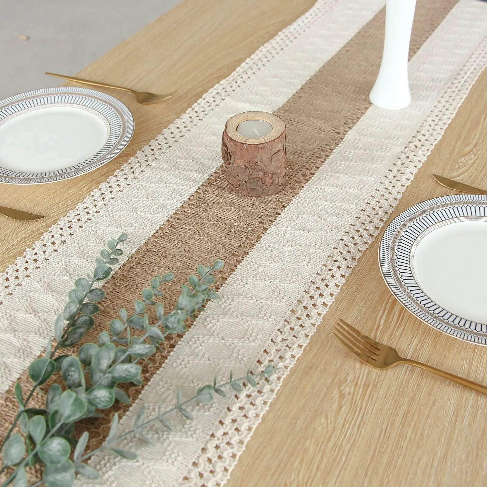 Boho Macrame Table Runner - Cream & Brown Farmhouse Decor with Tassels