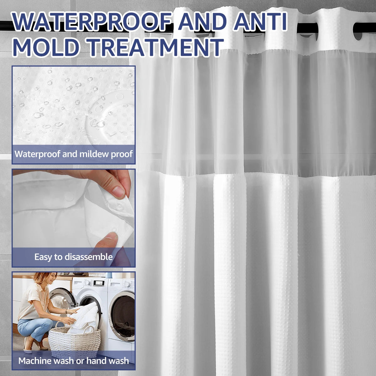 Modern Hook-Free Waterproof Shower Curtain with Snap-in Liner