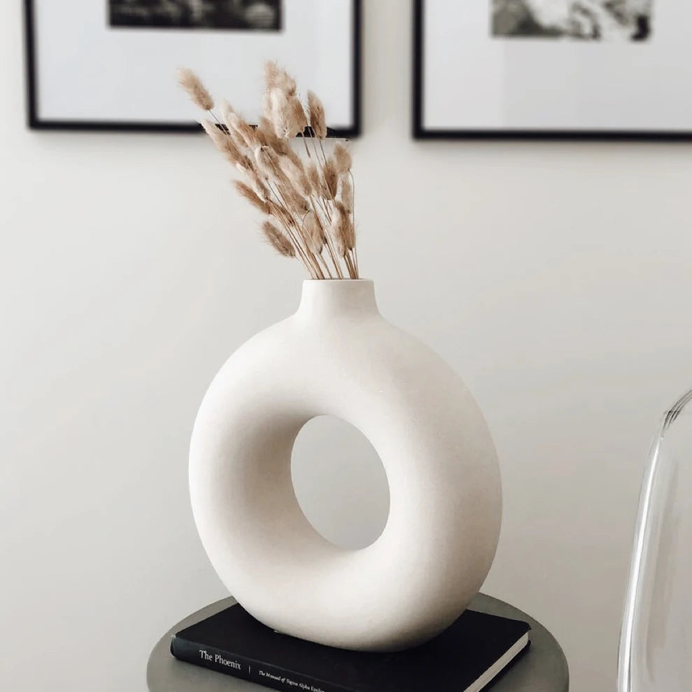 Circular Hollow Ceramic Vase - Minimalist Nordic Decor for Home and Office