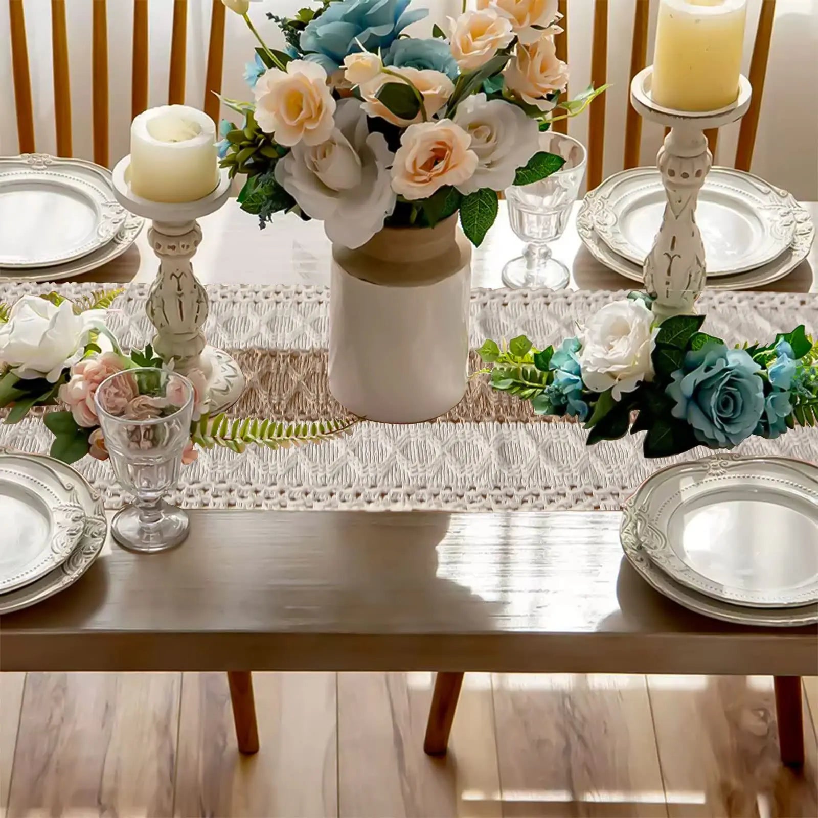 Boho Macrame Table Runner - Cream & Brown Farmhouse Decor with Tassels