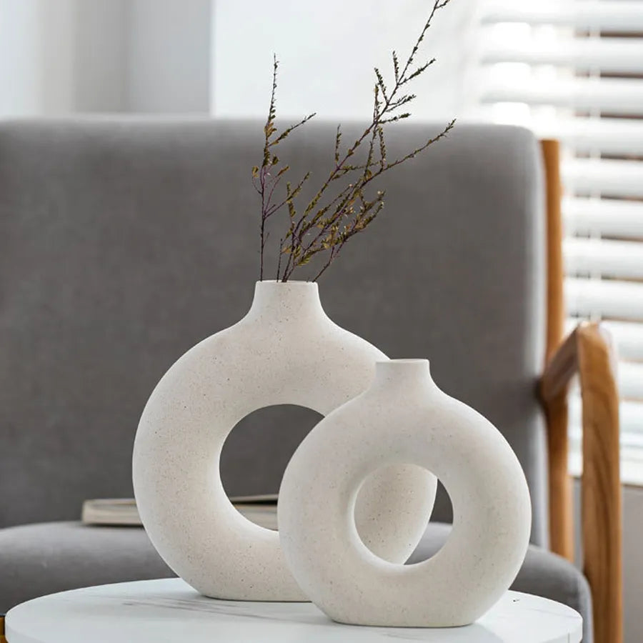 Circular Hollow Ceramic Vase - Minimalist Nordic Decor for Home and Office