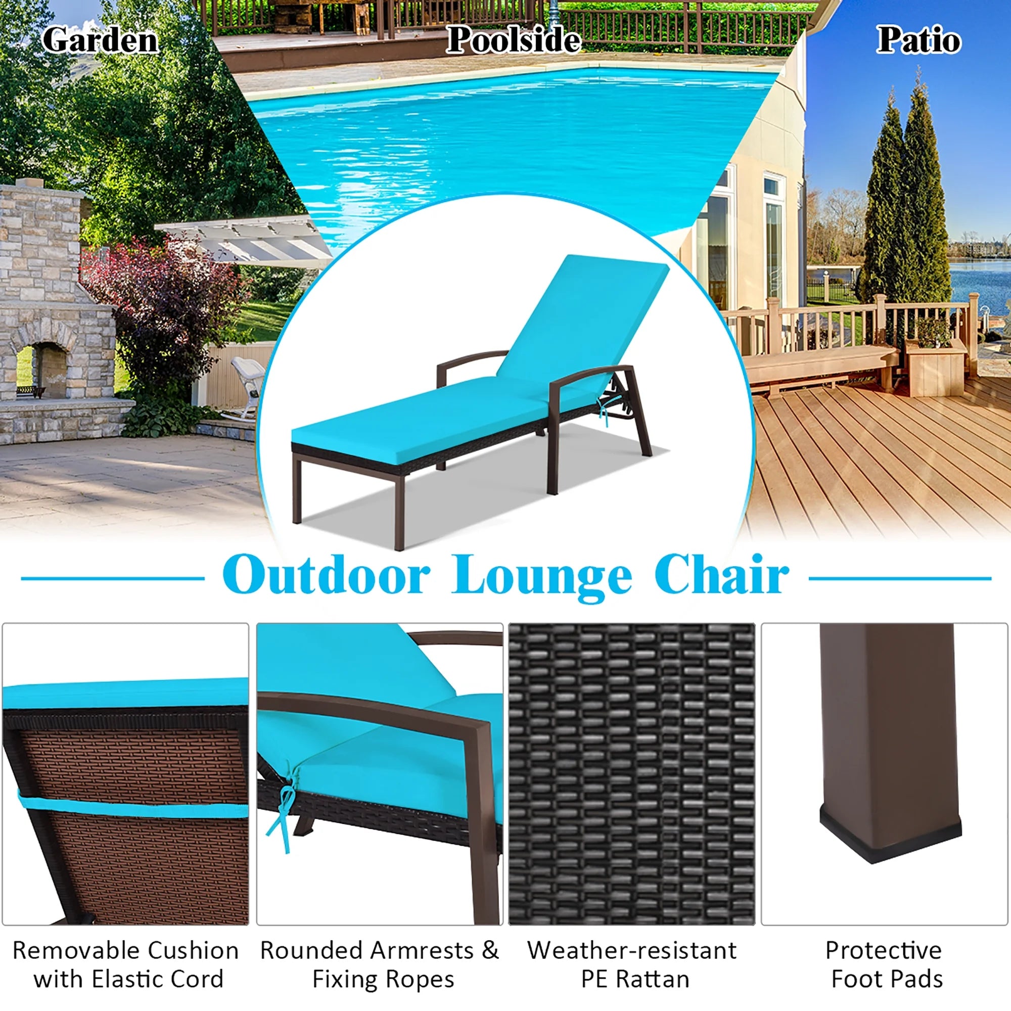 2PCS Patio Rattan Lounge Chair Chaise Recliner Back Adjustable Cushion Turquoise