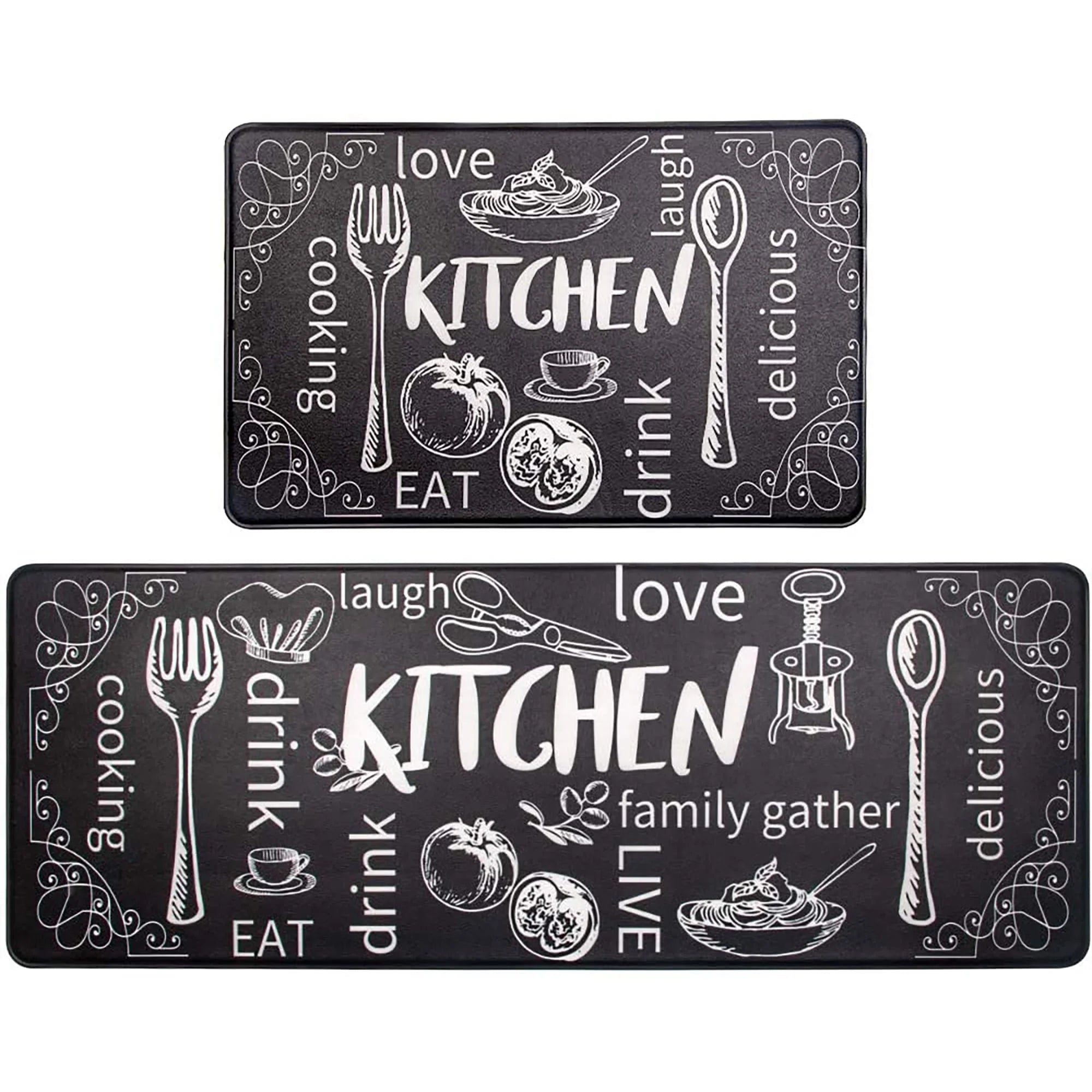 Kitchen Rug Mats Set of 2 Kitchen Waterproof Non-Slip 0.4" 17"X48"+17"X28" Black