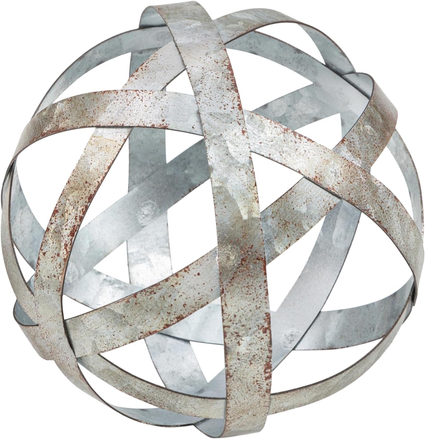 Small Metal Decorative Sphere for Home Decor - Distressed Galvanized Bands, Hand Painted, Modern Decorative