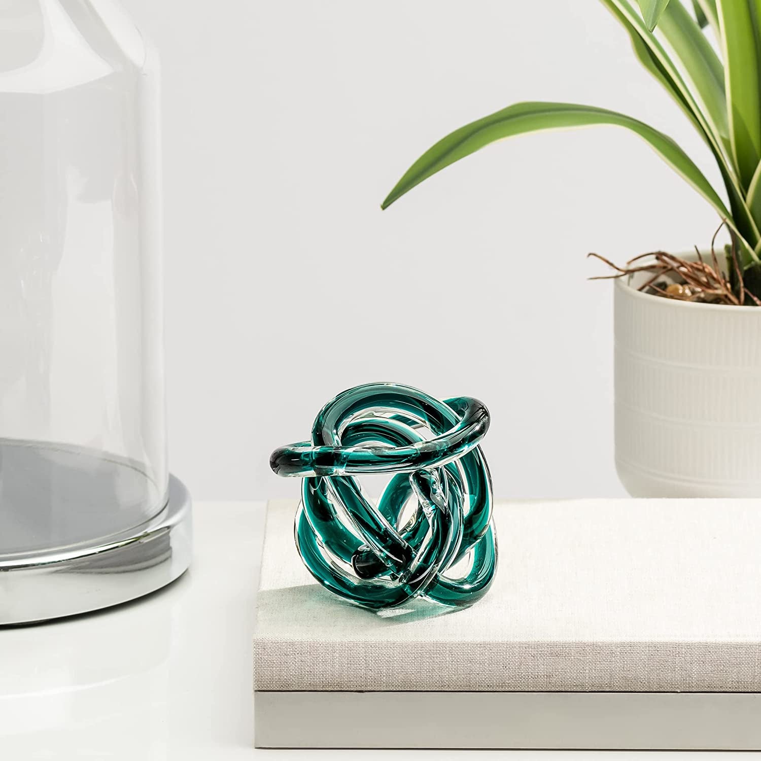 Orbit Glass Ball - Abstract Teal Glass Knot for Home Decor on Decorative Books, 3" Diameter