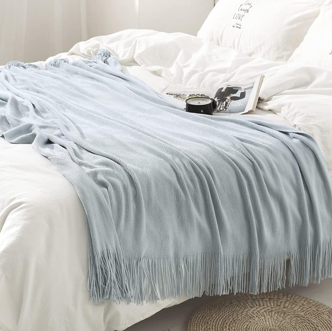 Decorative Knitted Throw Blanket with Fringe Soft & Cozy Tassel Blanket for Couch Sofa Bed (Light Blue,50X60)