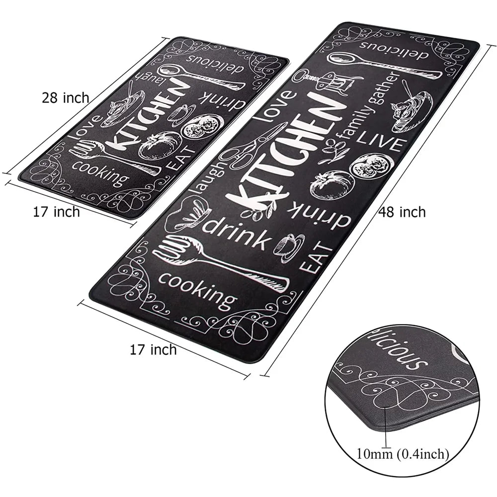 Kitchen Rug Mats Set of 2 Kitchen Waterproof Non-Slip 0.4" 17"X48"+17"X28" Black