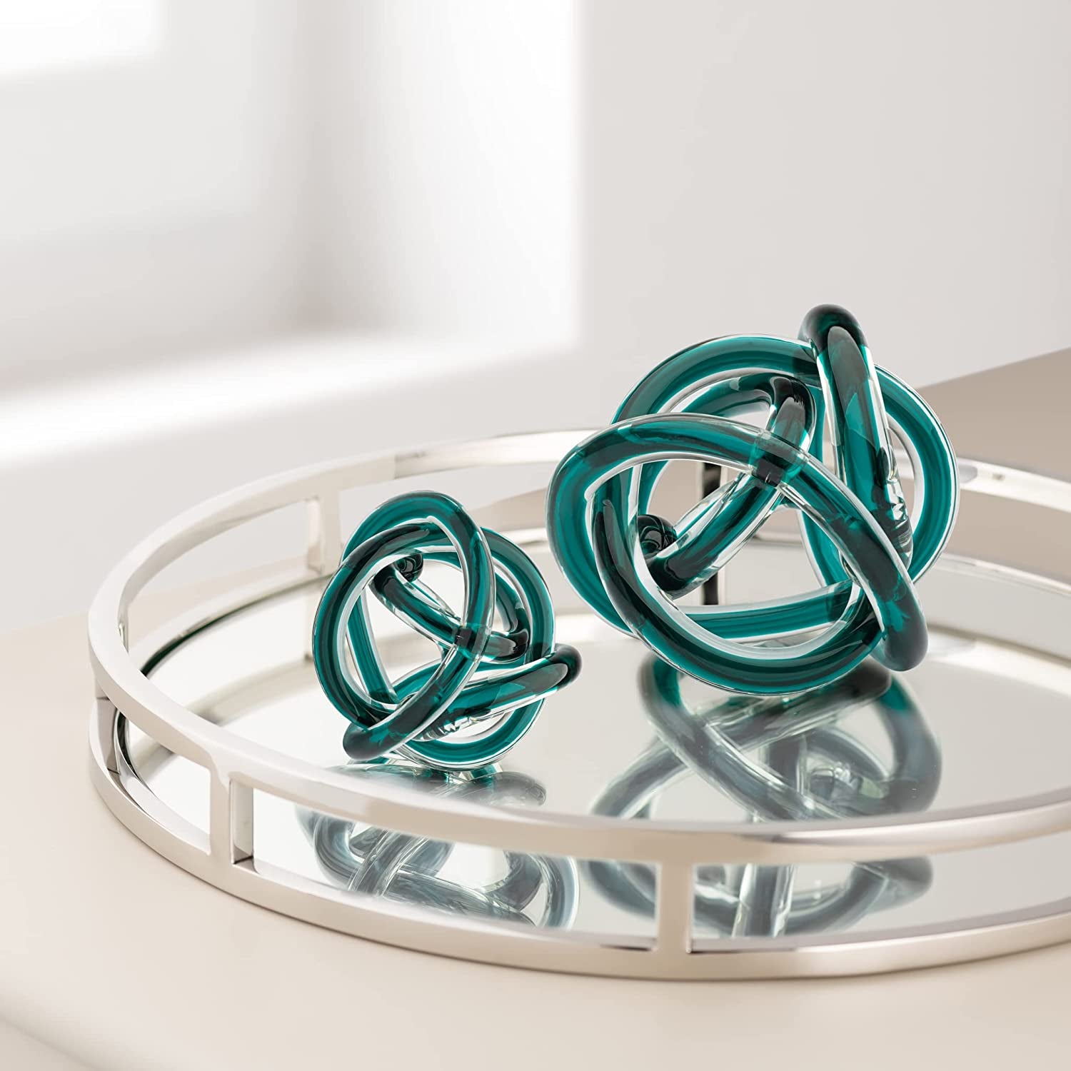 Orbit Glass Ball - Abstract Teal Glass Knot for Home Decor on Decorative Books, 3" Diameter