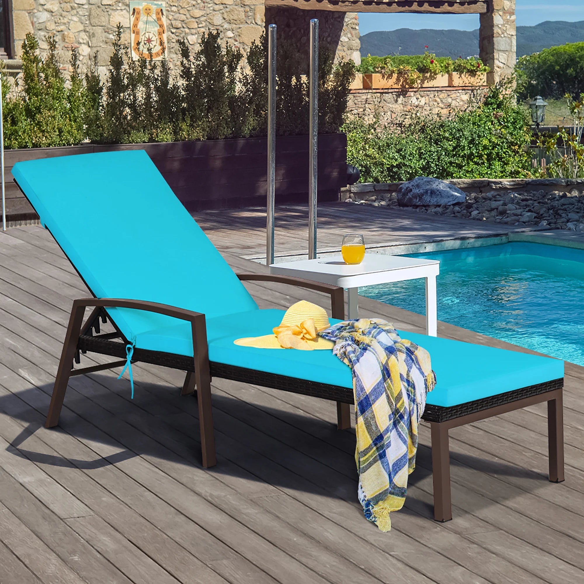 2PCS Patio Rattan Lounge Chair Chaise Recliner Back Adjustable Cushion Turquoise