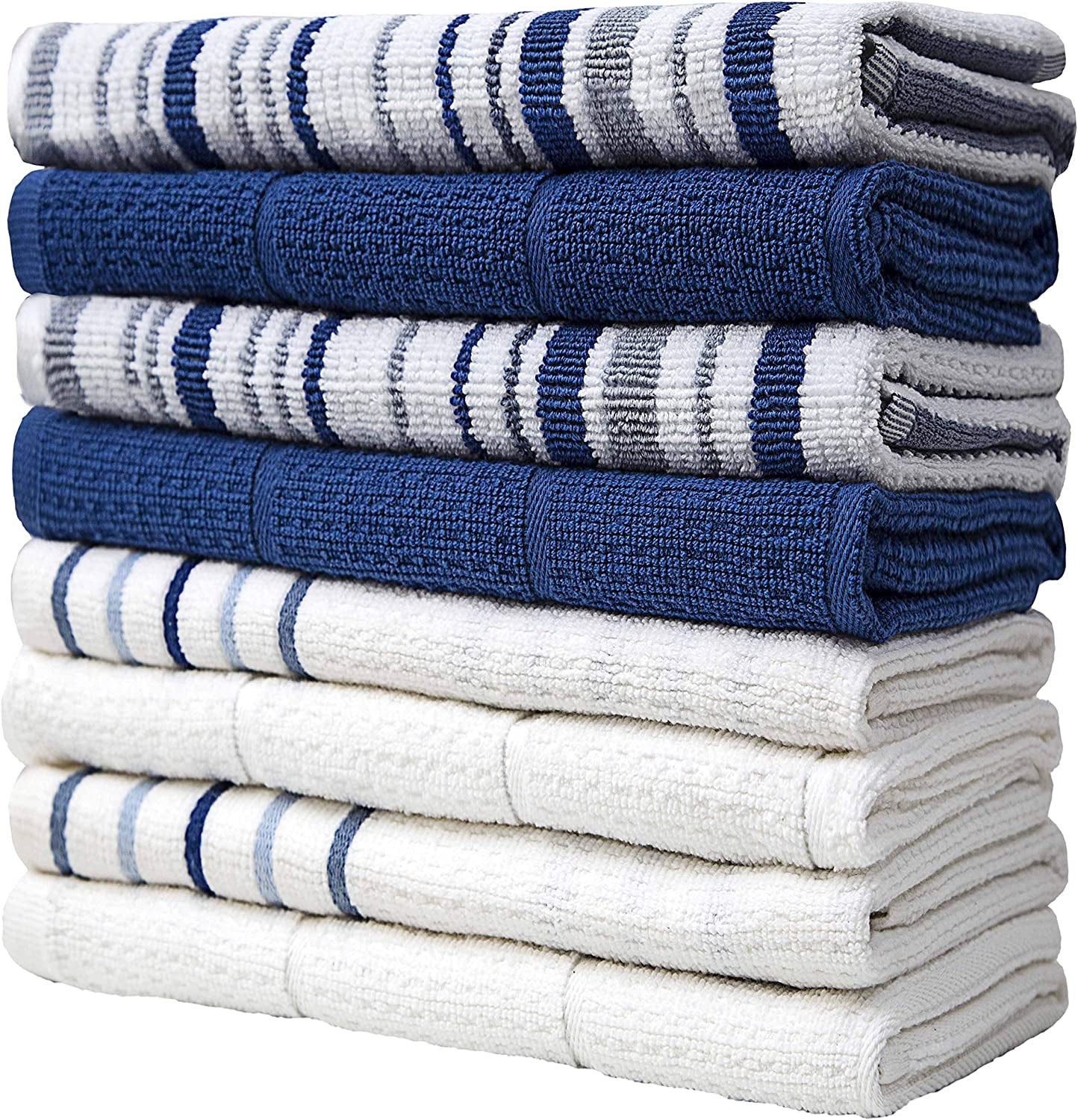 Pack of 8 Premium Kitchen Towels Set - Striped Waffle Yarn Dyed Kitchen Hand Towels - Cotton Tea Towels - Kitchen Hand Towels - Blue