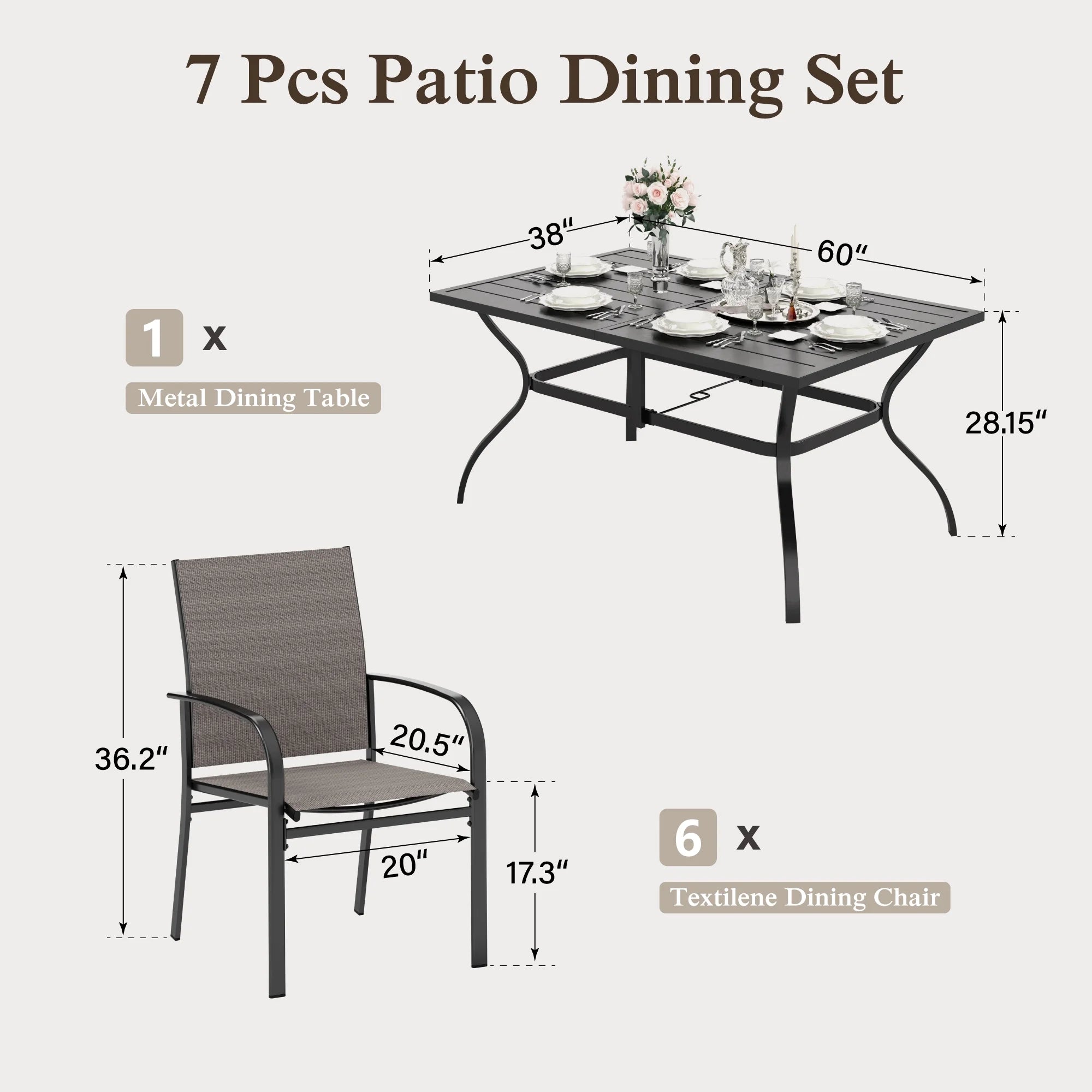 7-Piece Outdoor Patio Dining Set with Rectangle Steel Table & Textilene Chairs for 6-Person, Black&Brown