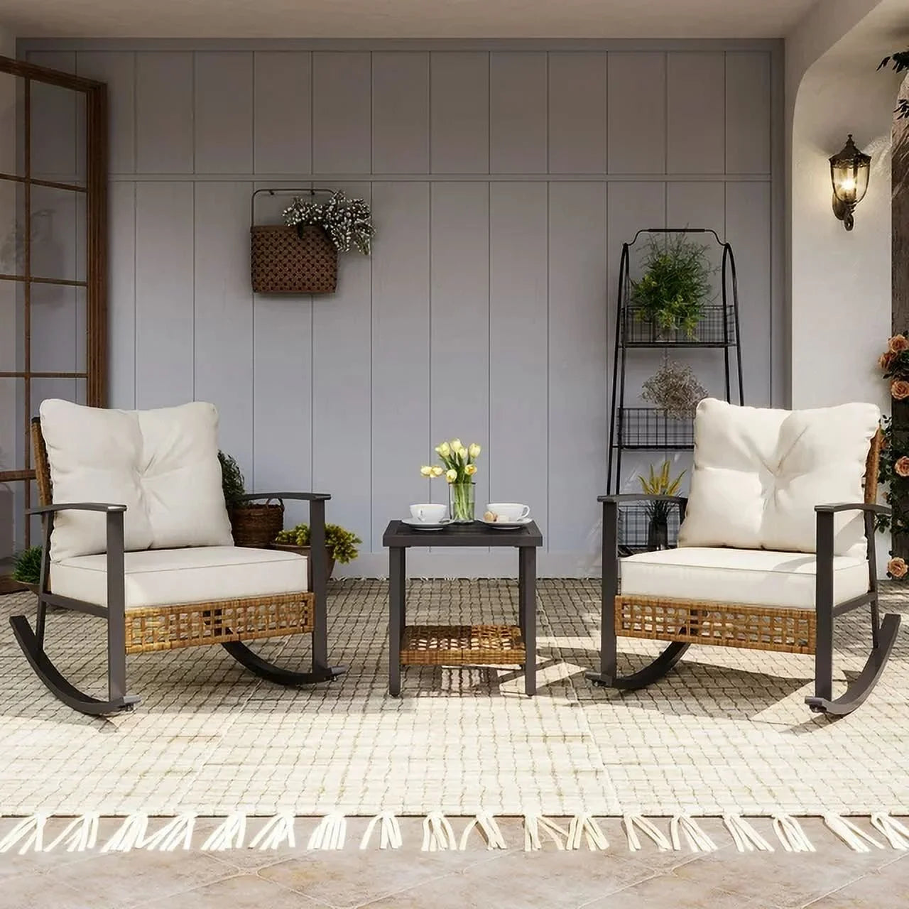 3 Pieces Outdoor Furniture Set with 2-Tier Coffee Table, Chairs with Beige Cushions