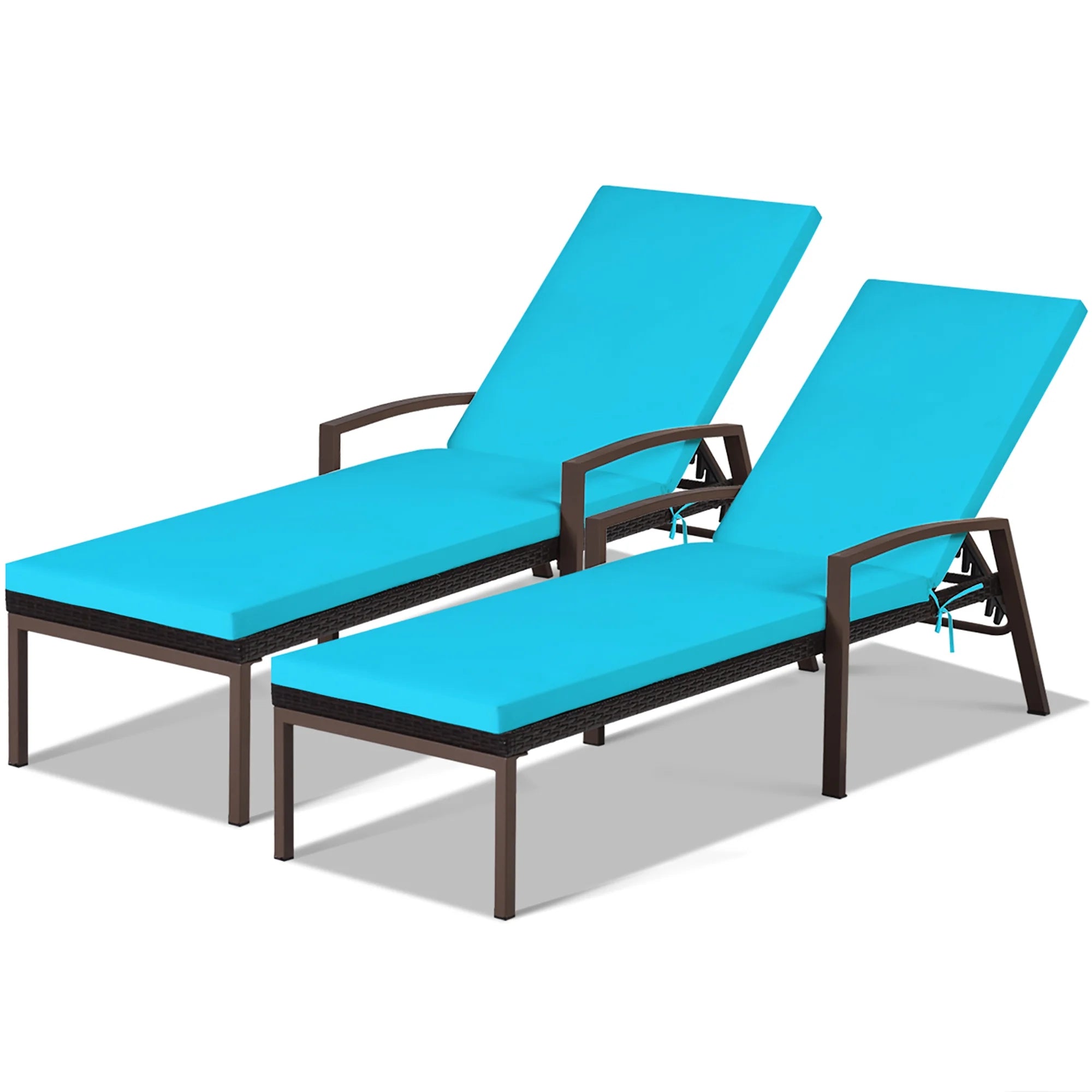 2PCS Patio Rattan Lounge Chair Chaise Recliner Back Adjustable Cushion Turquoise