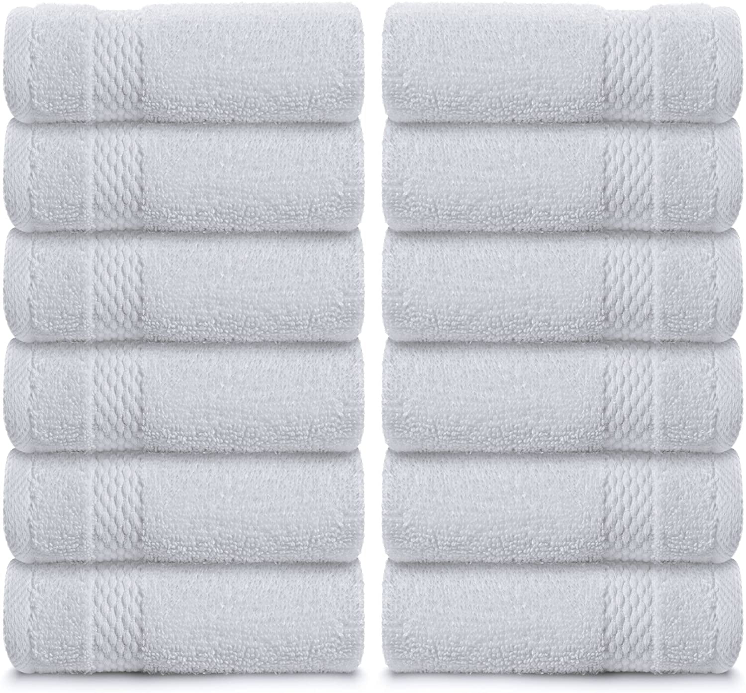 White Classic Luxury Cotton Washcloths - Large Hotel Spa and Airbnb Bathroom Face Towel | 12 Pack | White