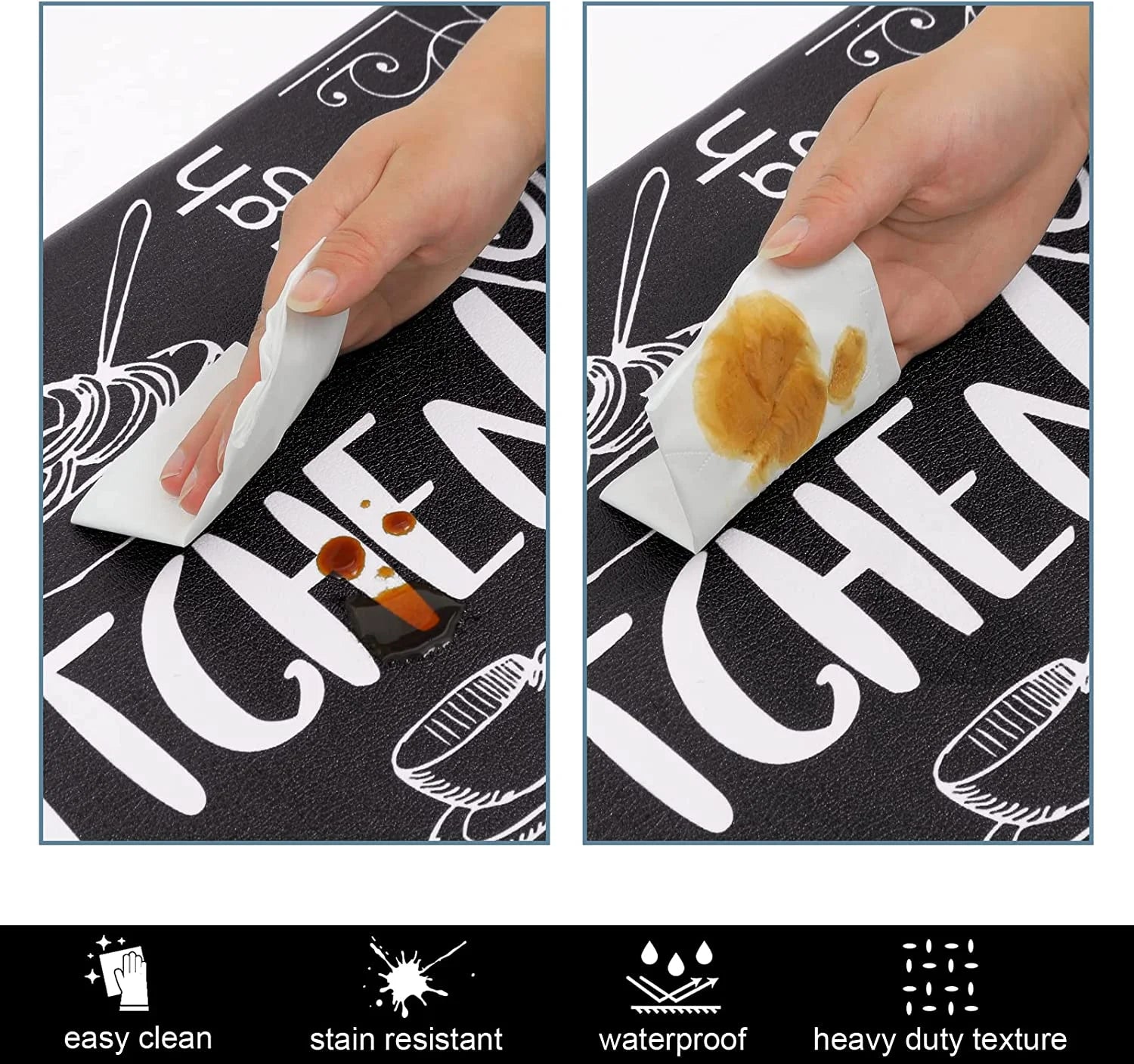 Kitchen Rug Mats Set of 2 Kitchen Waterproof Non-Slip 0.4" 17"X48"+17"X28" Black