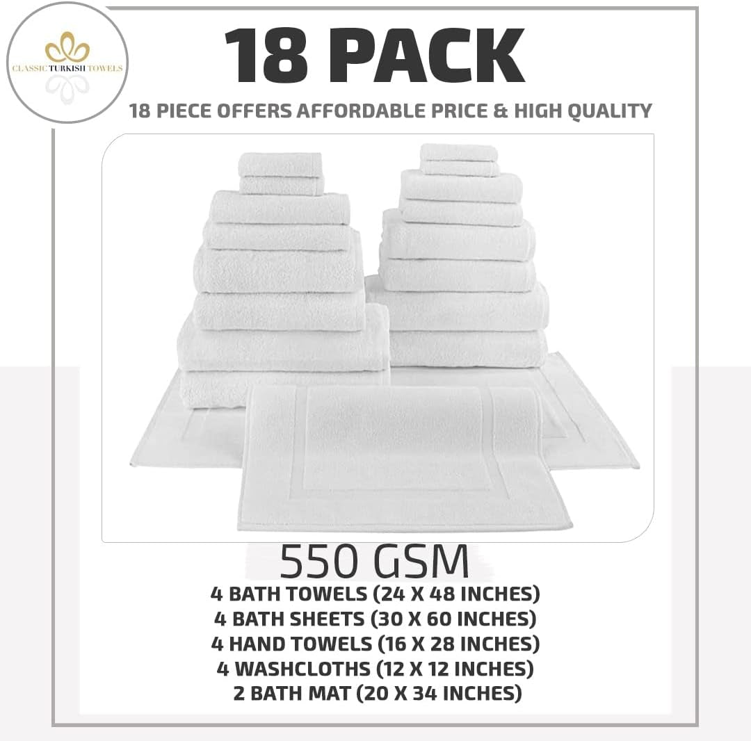 Set of 18-100% Turkish Cotton, Absorbent & Comfy, Includes 4 Bath Towel 4 Hand Towel, 4 Washcloth, 4  Bathsheets & 2 Bath Mat | (White)