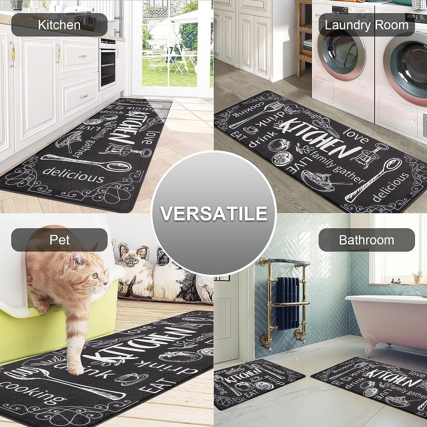 Kitchen Rug Mats Set of 2 Kitchen Waterproof Non-Slip 0.4" 17"X48"+17"X28" Black