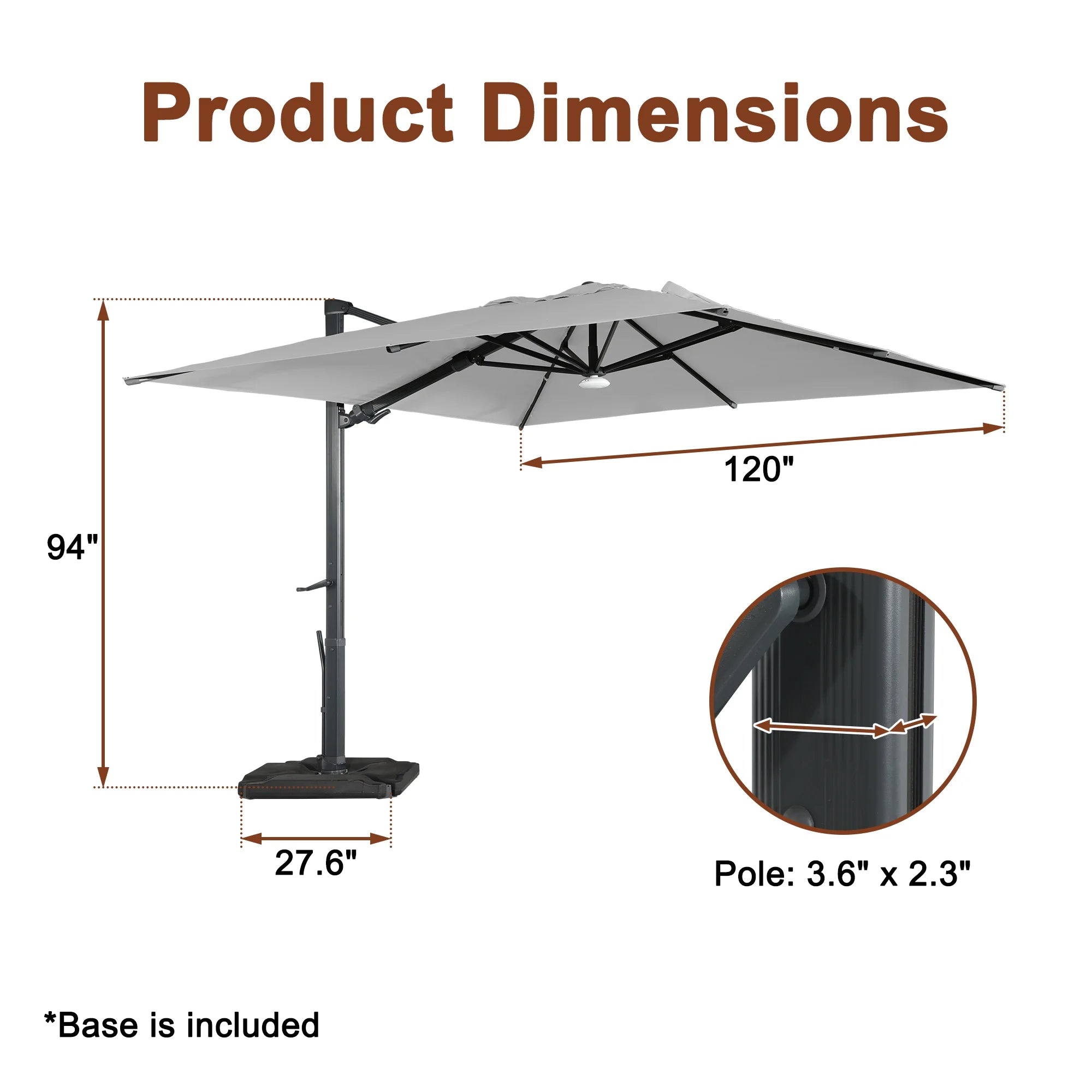 Square Cantilever Umbrella with Base and Bluetooth Speaker Included - 360° Rotation