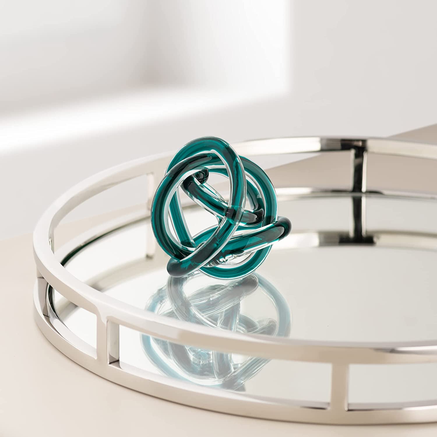 Orbit Glass Ball - Abstract Teal Glass Knot for Home Decor on Decorative Books, 3" Diameter