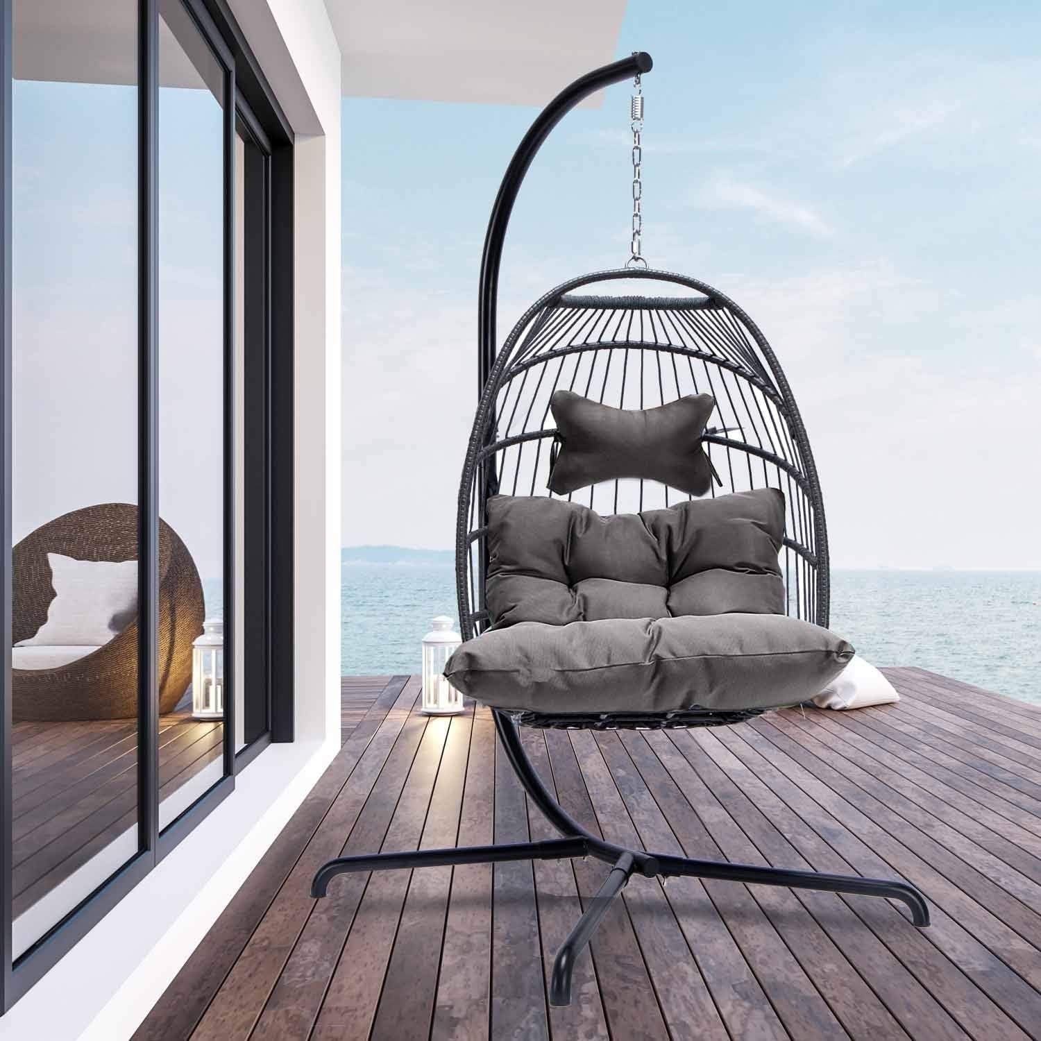 Swing Egg Chair Wicker Hanging Chair with Stand Color Dark Grey Maximum Weight 350Lbs