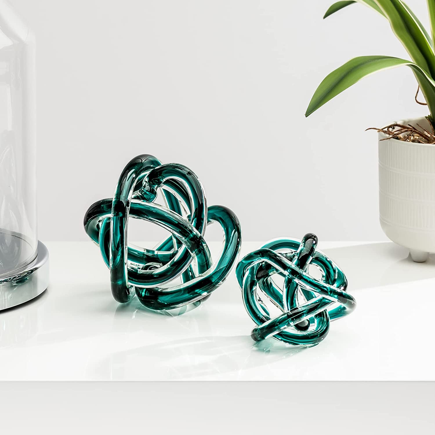 Orbit Glass Ball - Abstract Teal Glass Knot for Home Decor on Decorative Books, 3" Diameter