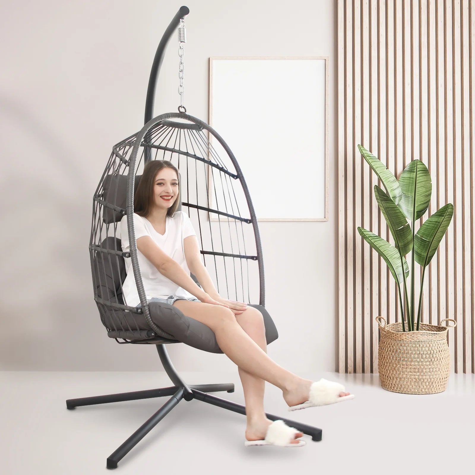 Swing Egg Chair Wicker Hanging Chair with Stand Color Dark Grey Maximum Weight 350Lbs