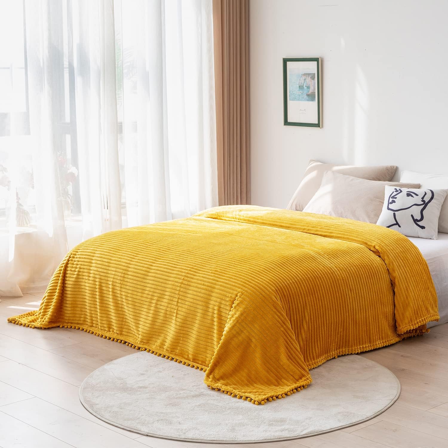 Fleece Blanket Throw Size – 51X63, Yellow Soft, Plush, Fluffy, Fuzzy, Warm, Cozy Perfect for Couch, Bed, Sofa - with Pompom Fringe Flannel