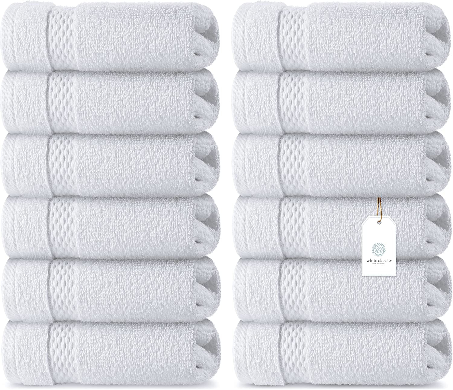 White Classic Luxury Cotton Washcloths - Large Hotel Spa and Airbnb Bathroom Face Towel | 12 Pack | White